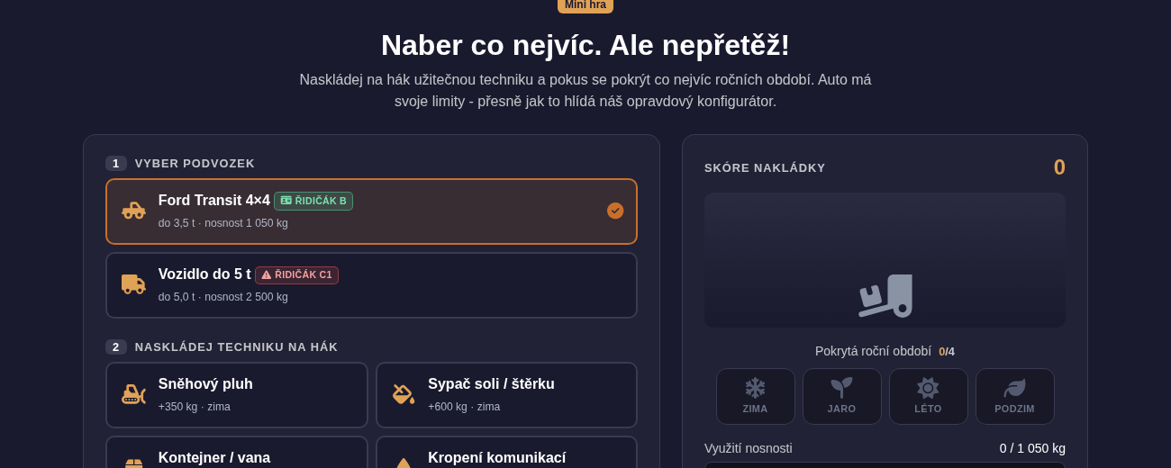 Náhled mini hry: naložení techniky na hák Ford Transitu